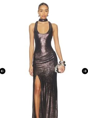 superdown Metallic Black Scoop-Neck Maxi Dress with High Slit